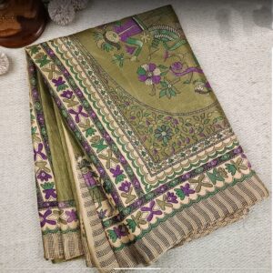 Madhubani saree, organic silk, olive green
