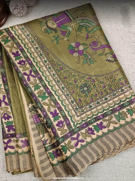 Madhubani saree, organic silk, olive green