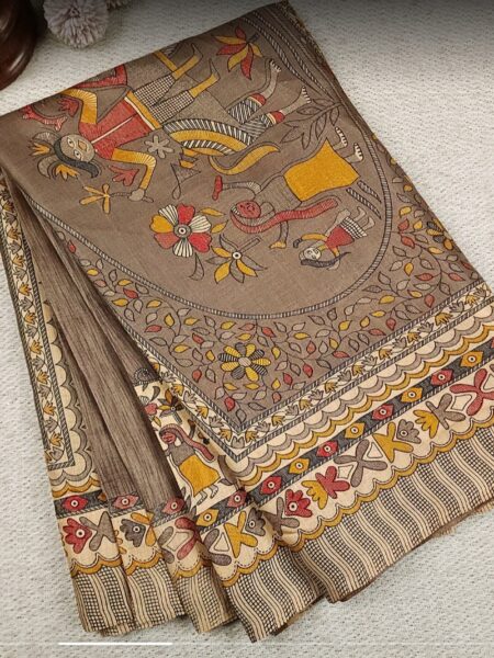 Madhubani saree,organic silk,chestnut brown