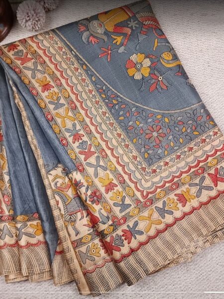 Madhubani saree, organic silk, slate grey
