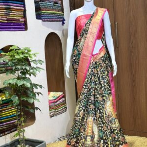 Kalamkari silk saree with pink gold border, black colour