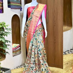 Kalamkari silk saree with pink golden border, multi colour