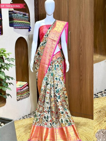 Kalamkari silk saree with pink golden border, multi colour