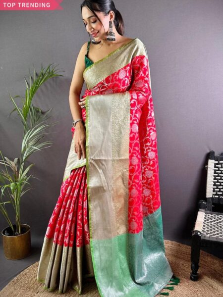 Exclusive, Banarasi Zari work, silk saree cherry red-light green spacious border