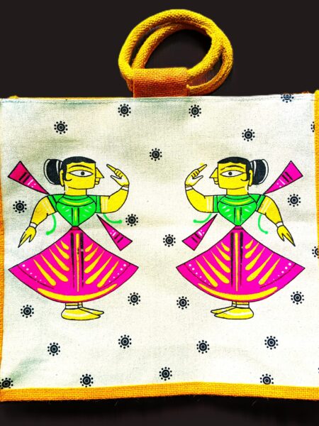 Trendy, Stylish, Dancing Lady motif, jute bags, 16x14 inch, yellow-colour