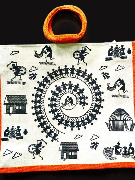 Trendy, Stylish, Tribal Art pattern, jute bags, 16x14 inch, orange-colour