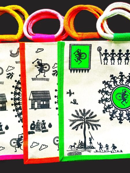 ( Pack of 4) Trendy, Stylish, Tribal Art pattern, jute bags, 16x14 inch