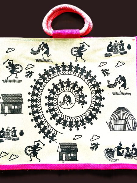 Trendy, Stylish, Tribal Art pattern, jute bags, 16x14 inch, magenta-colour