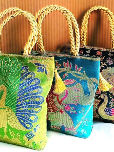 (Set of 3) 8x8 inch, Traditional, Luxurious, Banarasi Hand-Bags