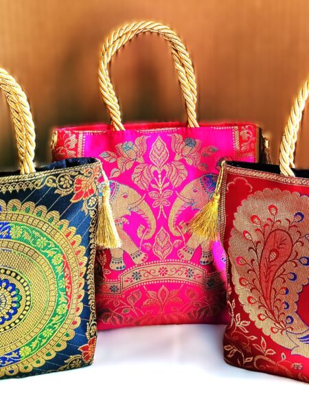 (Set of 3) Traditional, Luxurious, Banarasi Hand-Bags, 8x8inch