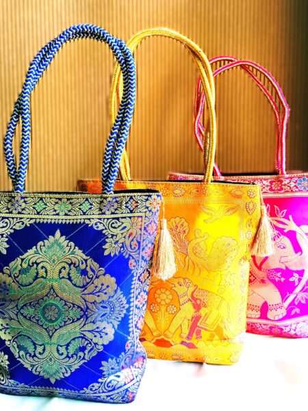 (Set of 3) Elegant, Traditional, Banarasi Hand-Bags, 10x10inch