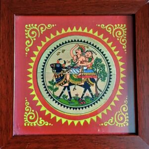 Collectible, hand-crafted, tribal family on bull, palm leaf, L-15cm, W-15cm