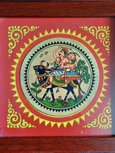Collectible, hand-crafted, tribal family on bull, palm leaf, L-15cm, W-15cm