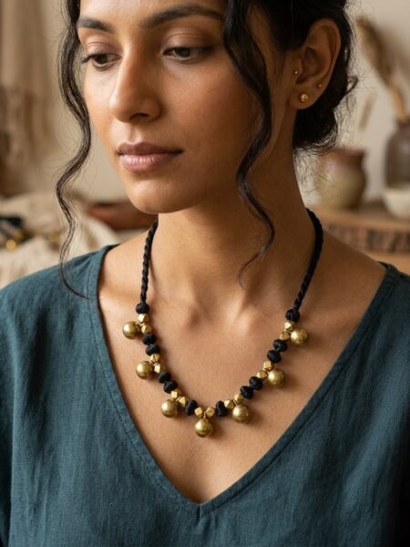 Handcrafted Black Silk Thread Necklace with Polished Brass Charms | Bohemian Statement Piece