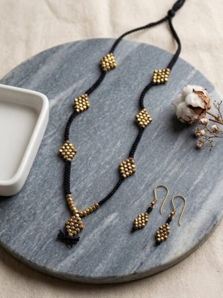 Single line burfi pendant with beads in black thread with earrings type 1